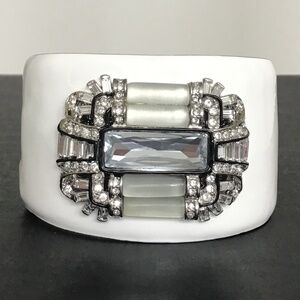 Kenneth Jay Lane White Enamel Art Deco Cuff hinged bracelet with clear crystals